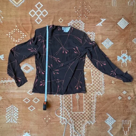 Vintage Carlisle 100% Silk Blouse – Abstract Floral Print | Brown & Rose | sz 6 - Picture 2 of 6